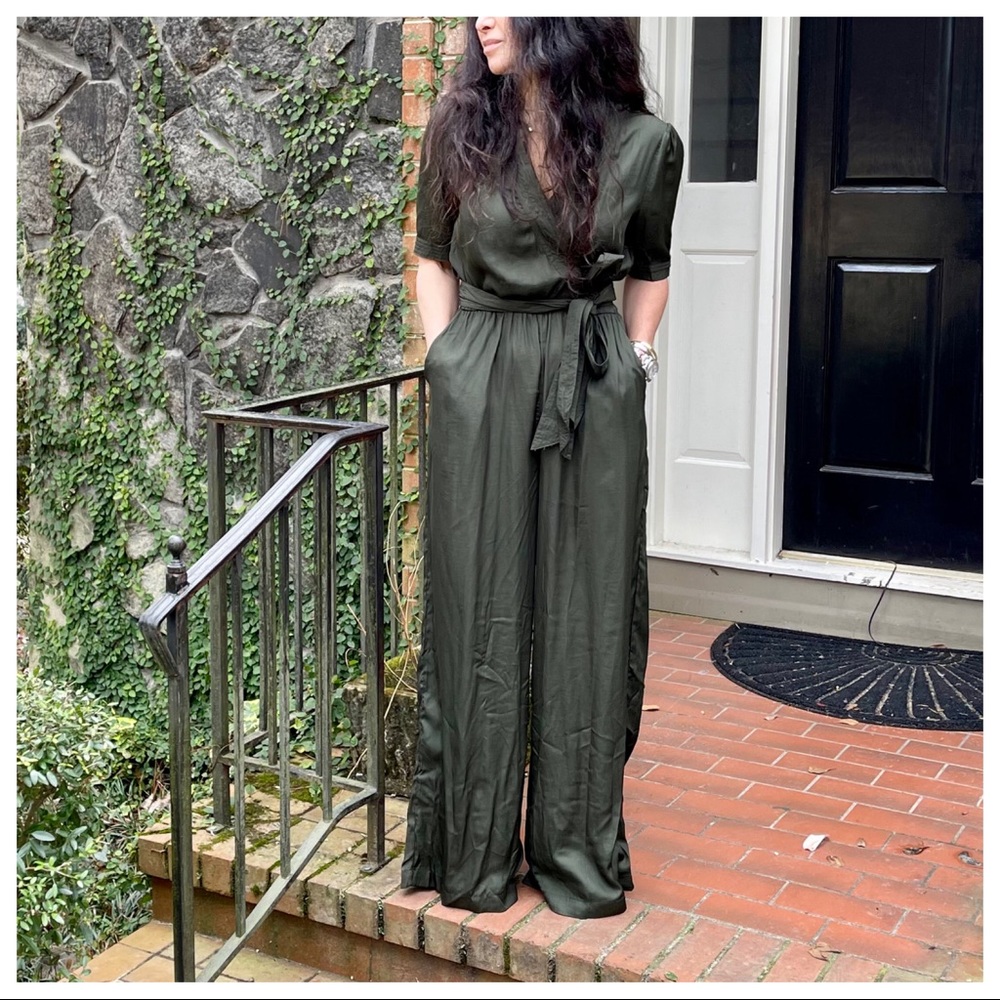 #05 Fabulous Dark Olive wrap front wide leg jumpsuit - Picture 7 of 7